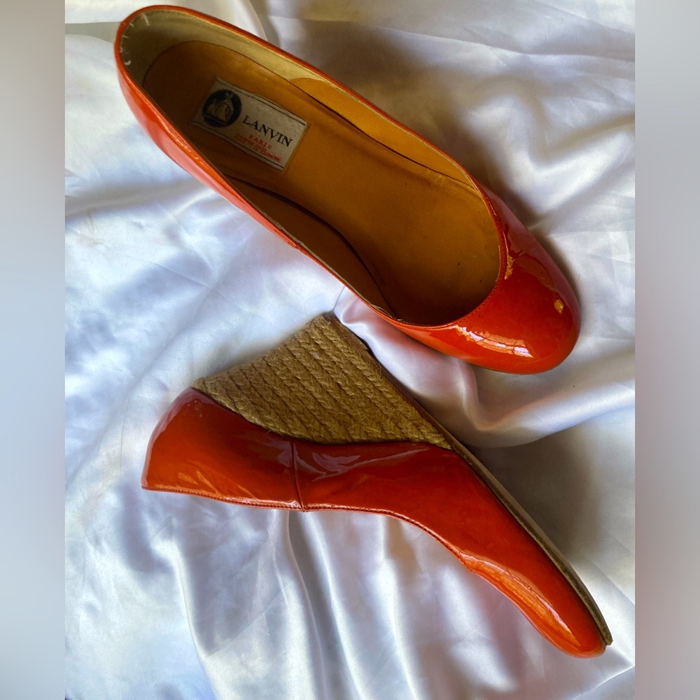 ADORABLE Vintage LANVIN Raffia Wedges—Orange Patent Leather Resort Ready EU 36
